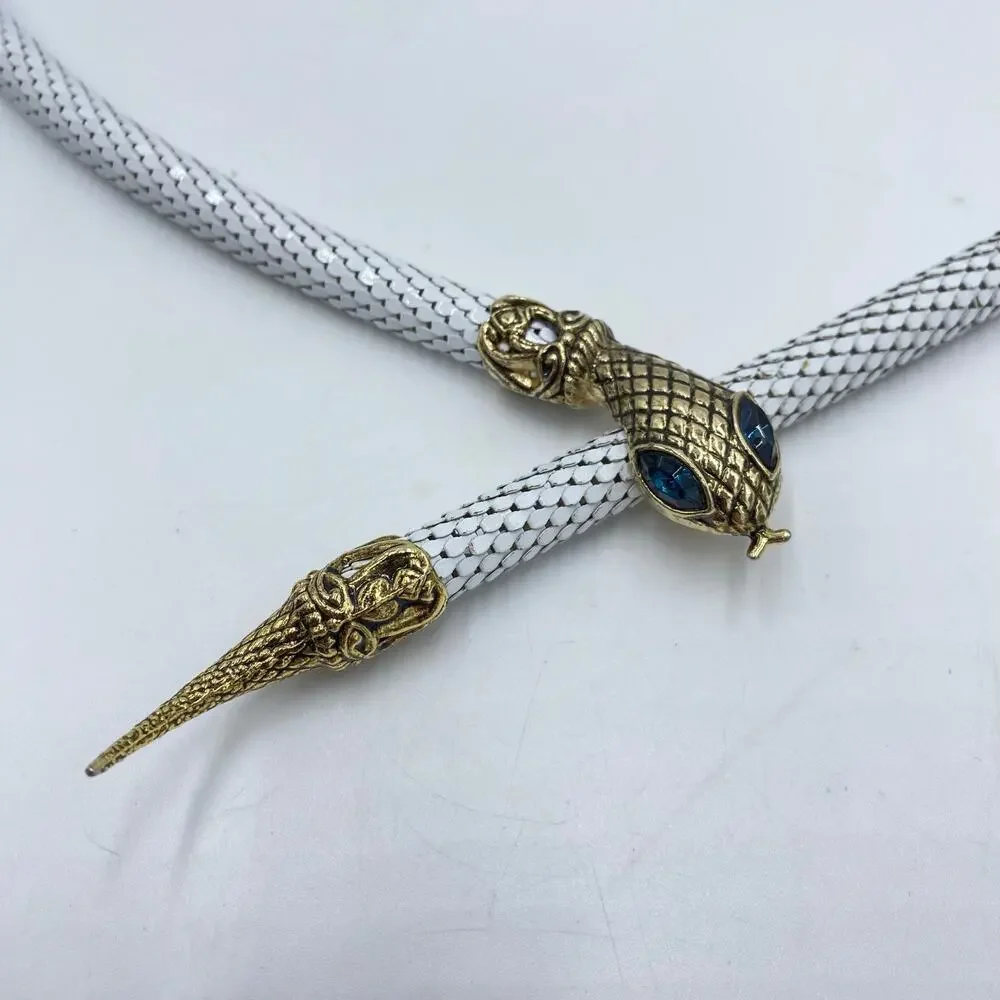 Vintage DL Auld Snake Head White Metal Mesh Adjustable Choker Necklace Or Belt